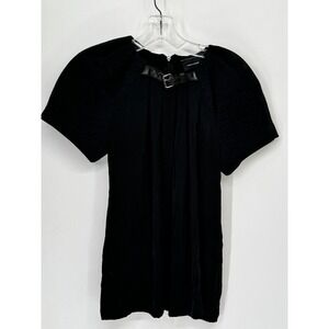 Longchamp Blouse Womens Small Black Excellent Silk Wool Leather Buckle L5672-SOE
